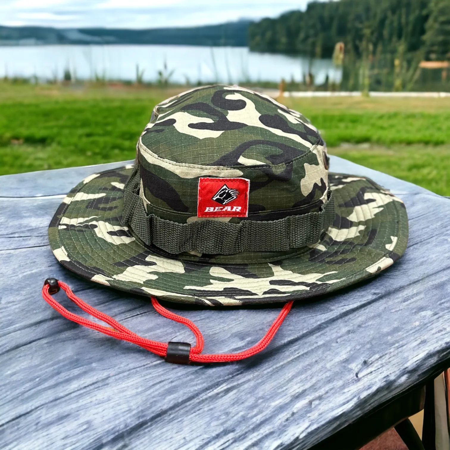 Bear Mountain Boonie Hat in camo with red drawstrin